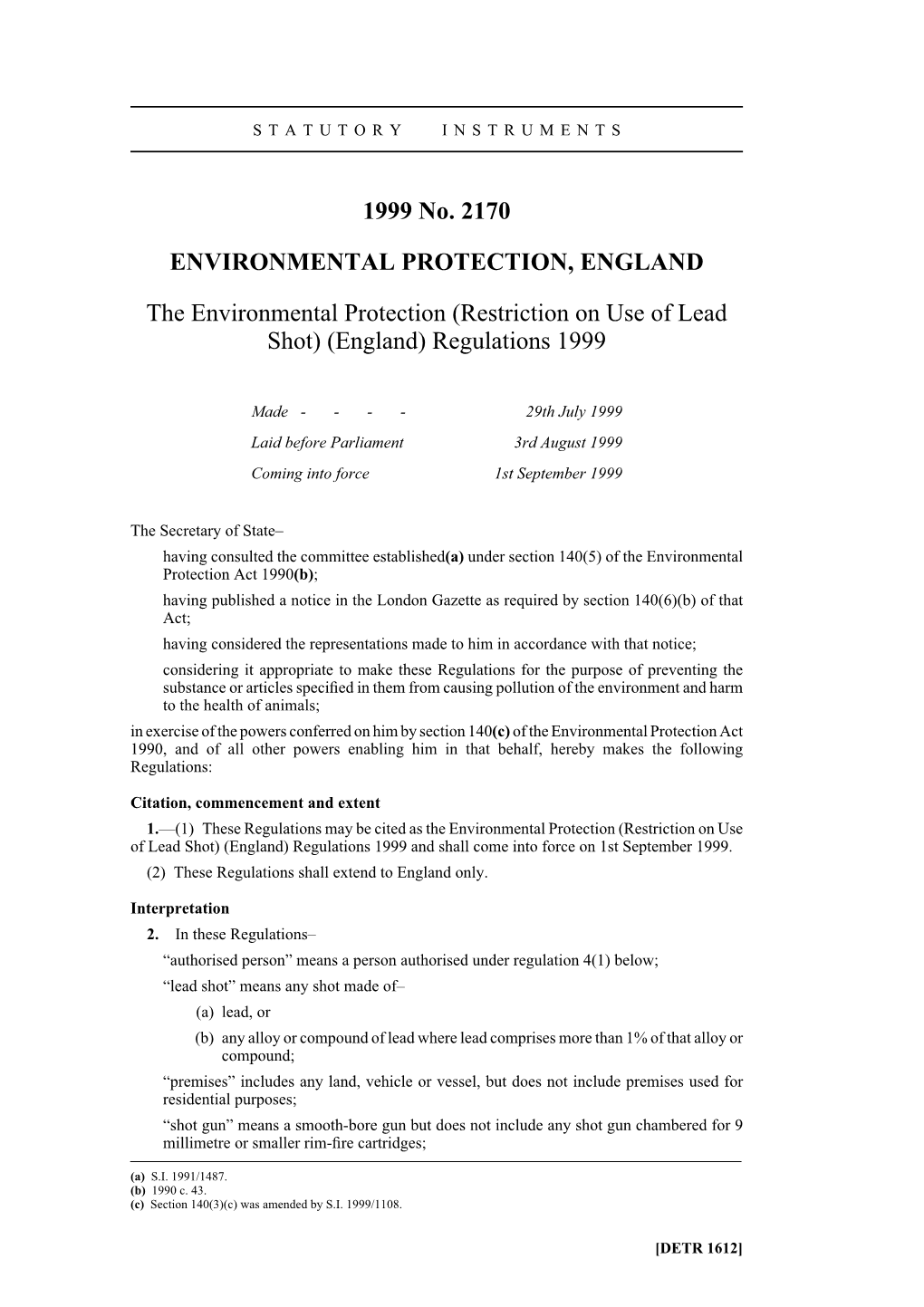 (Restriction on Use of Lead Shot) (England) Regulations 1999