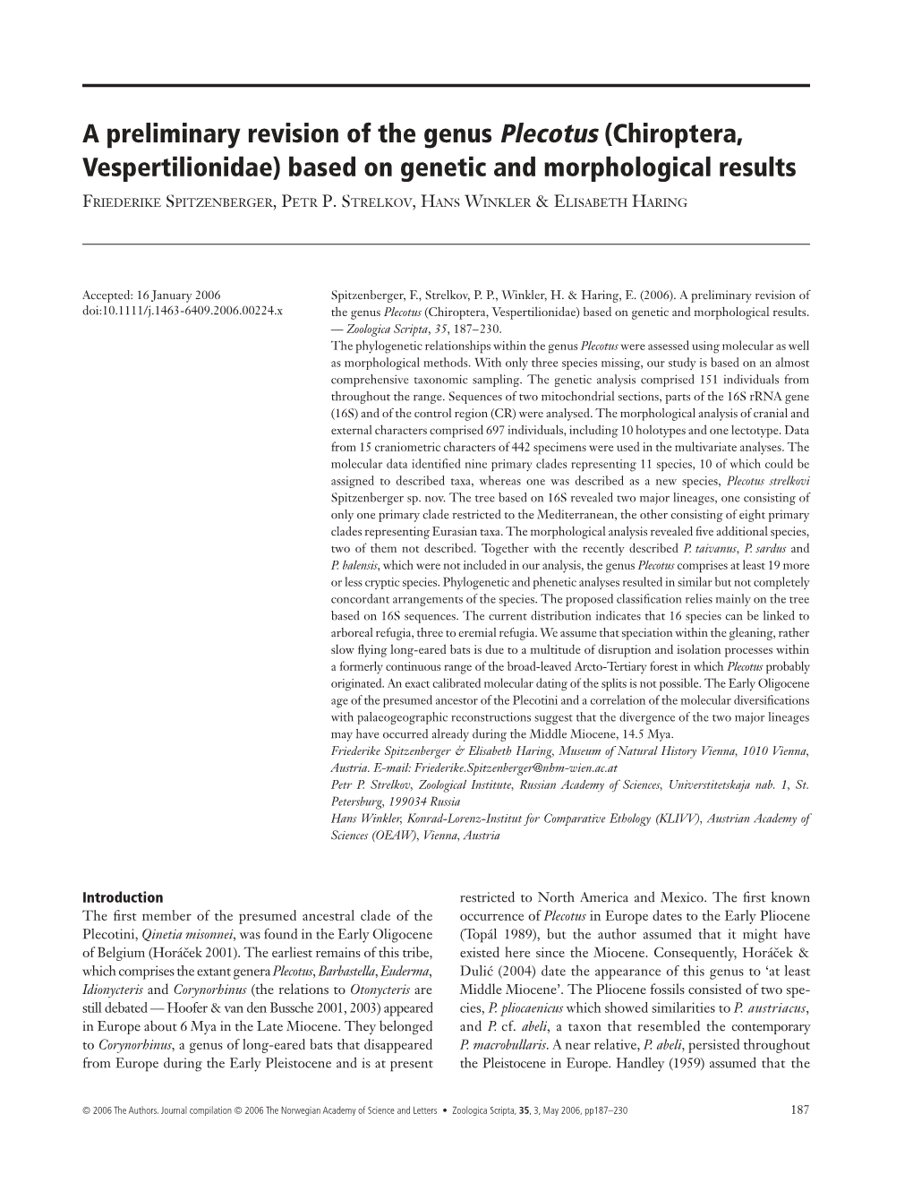 A Preliminary Revision of the Genus Plecotus