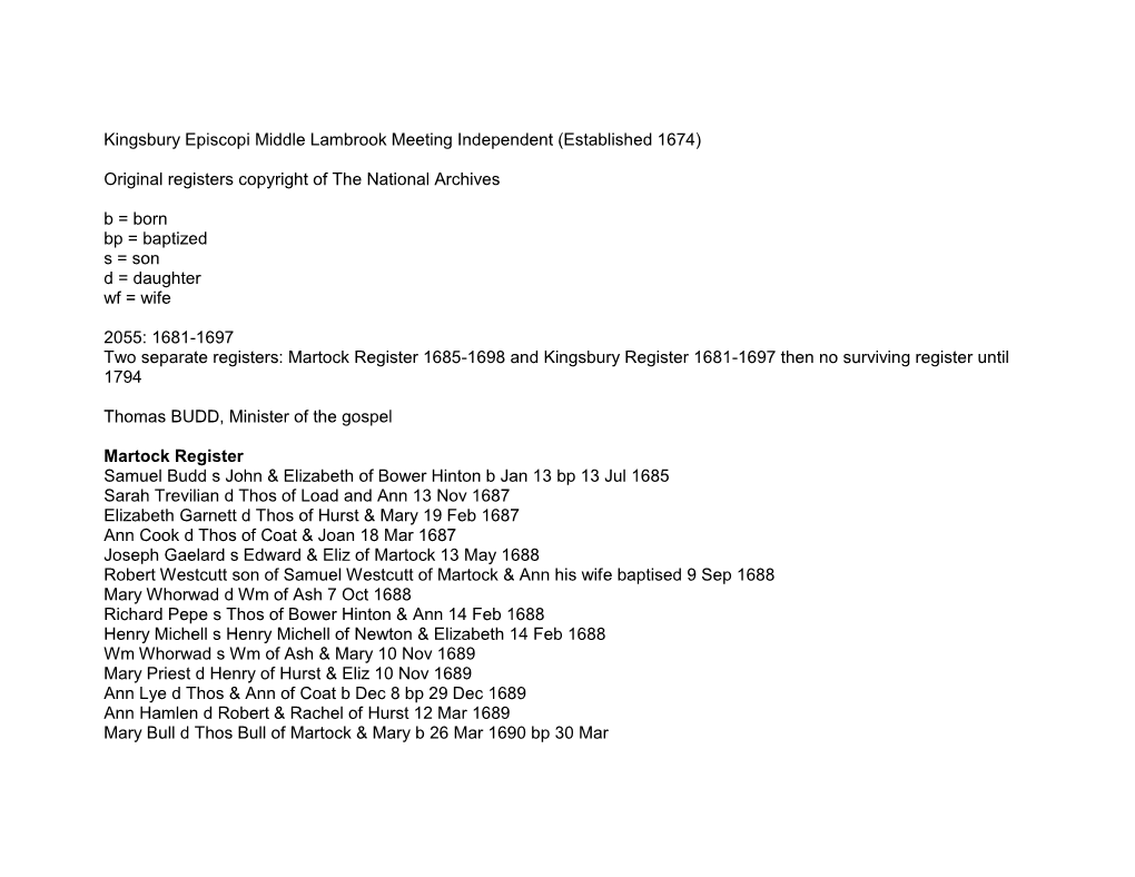 Kingsbury Episcopi Middle Lambrook Meeting Independent (Established 1674)