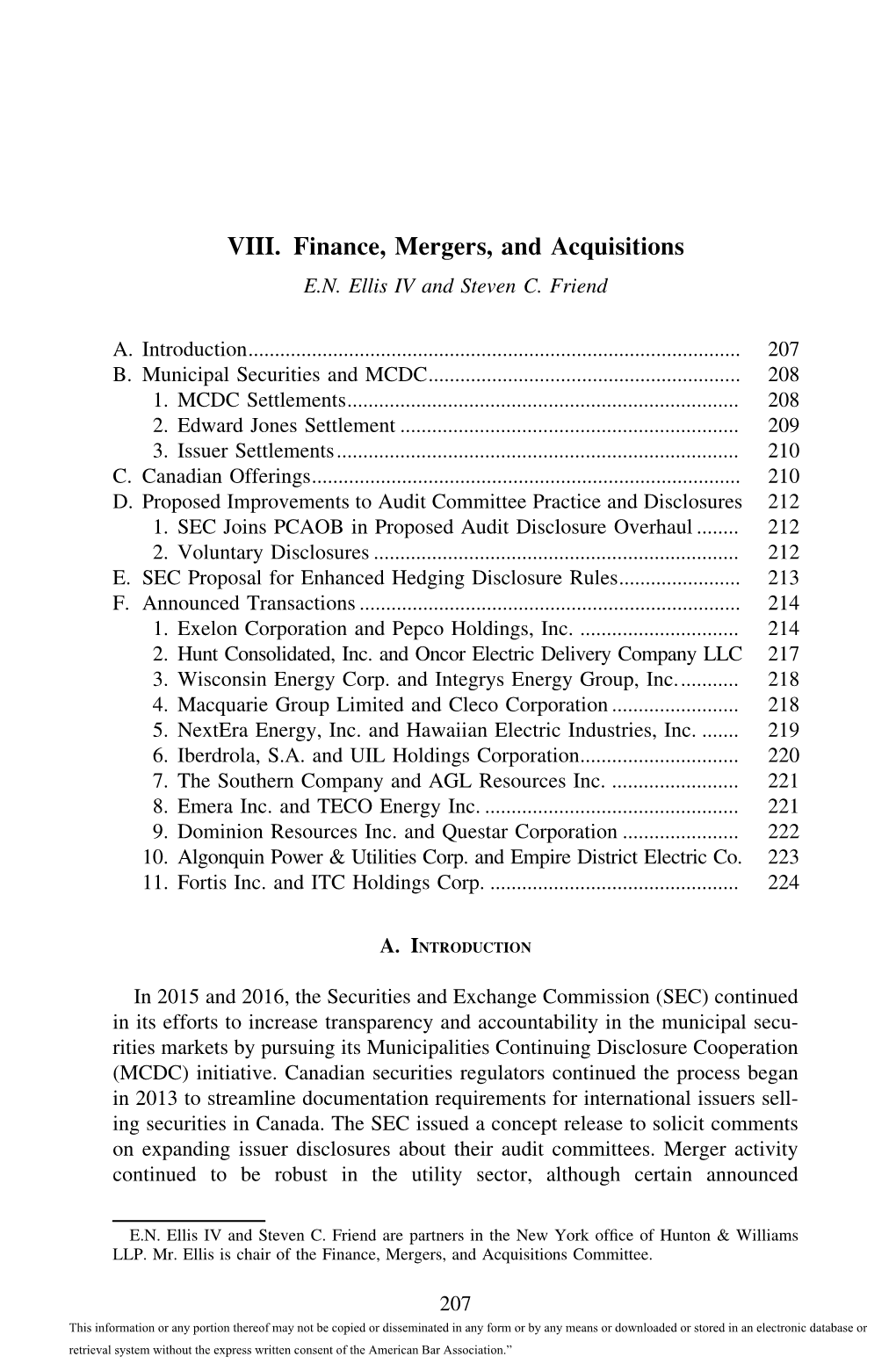 VIII. Finance, Mergers, and Acquisitions E.N