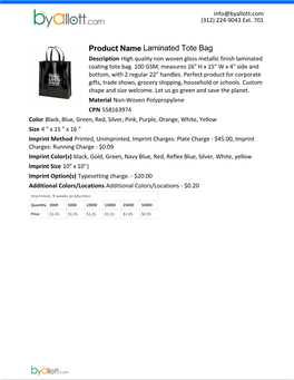 Product Name Laminated Tote Bag Description High Quality Non Woven Gloss Metallic Finish Laminated Coating Tote Bag