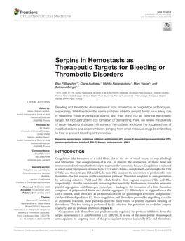 Serpins in Hemostasis As Therapeutic Targets for Bleeding Or Thrombotic Disorders