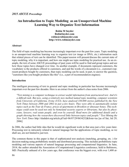 An Introduction to Topic Modeling As an Unsupervised Machine Learning Way to Organize Text Information