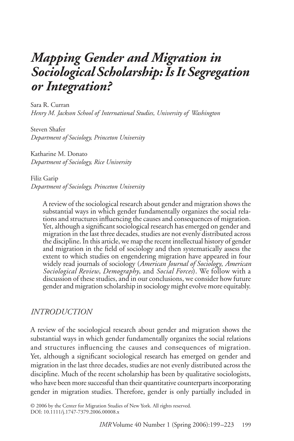 Mapping Gender and Migration in Sociological Scholarship: Is It Segregation Or Integration?