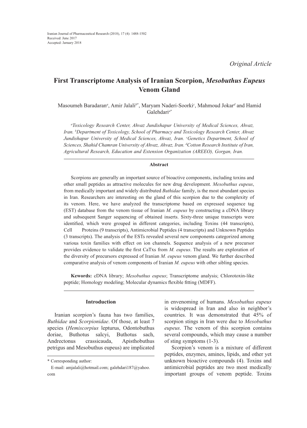 First Transcriptome Analysis of Iranian Scorpion, Mesobuthus Eupeus Venom Gland