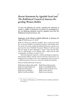 Recent Statements by Agudath Israel and the Rabbinical Council of America Re- Garding Women Rabbis