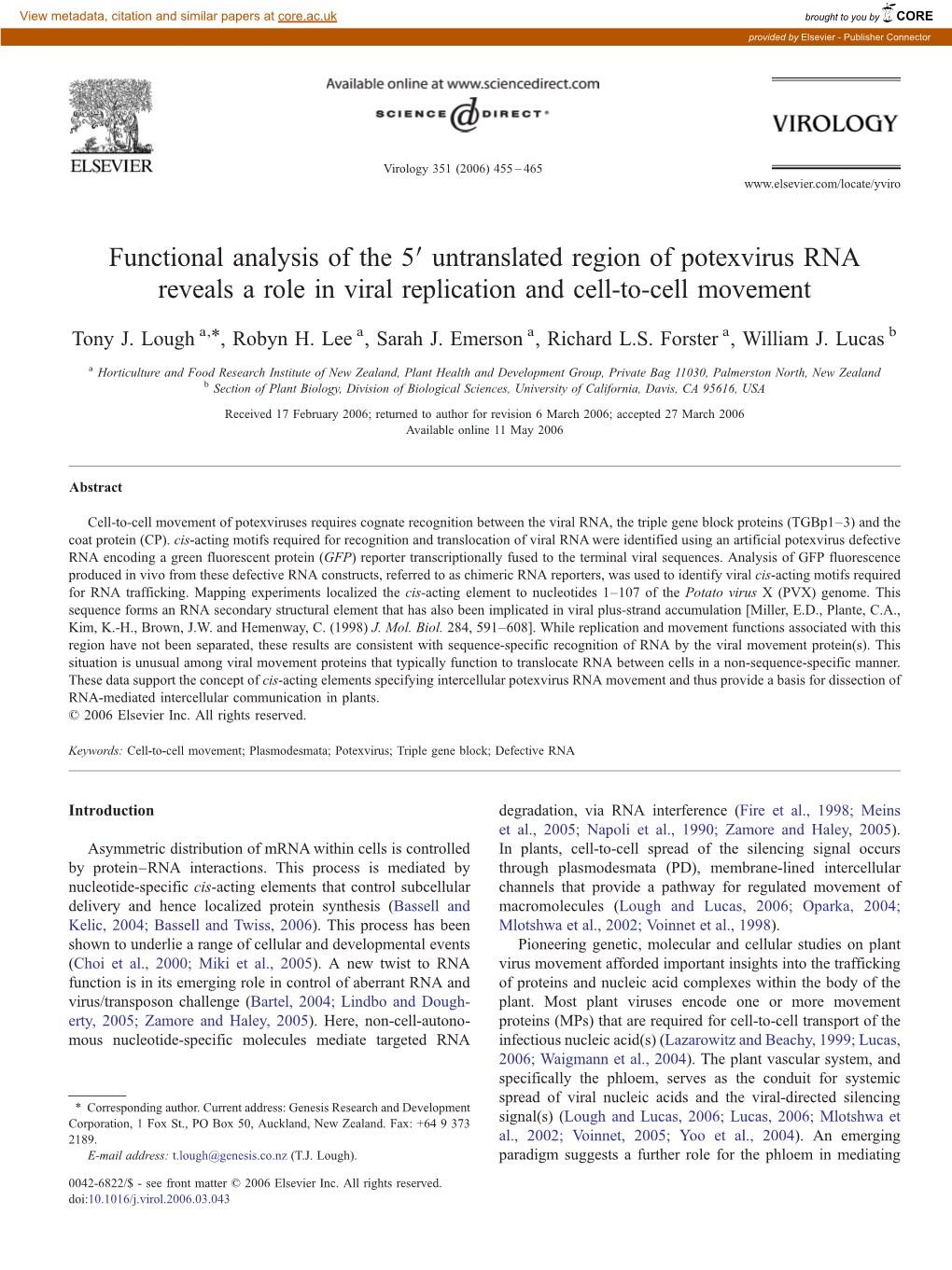 Untranslated Region of Potexvirus RNA Reveals a Role in Viral Replication and Cell-To-Cell Movement ⁎ Tony J