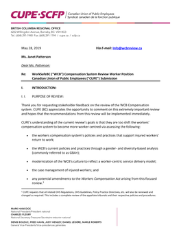 Worksafebc (“WCB”) Compensation System Review Worker Position Canadian Union of Public Employees (“CUPE”) Submission