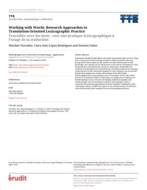 Working with Words: Research Approaches to Translation-Oriented
