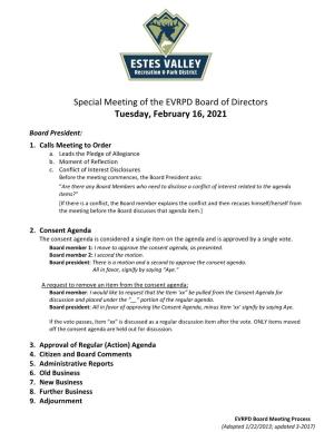 Special Meeting of the EVRPD Board of Directors Tuesday, February 16, 2021