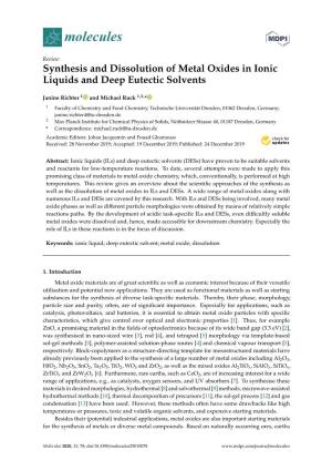 Synthesis and Dissolution of Metal Oxides in Ionic Liquids and Deep Eutectic Solvents