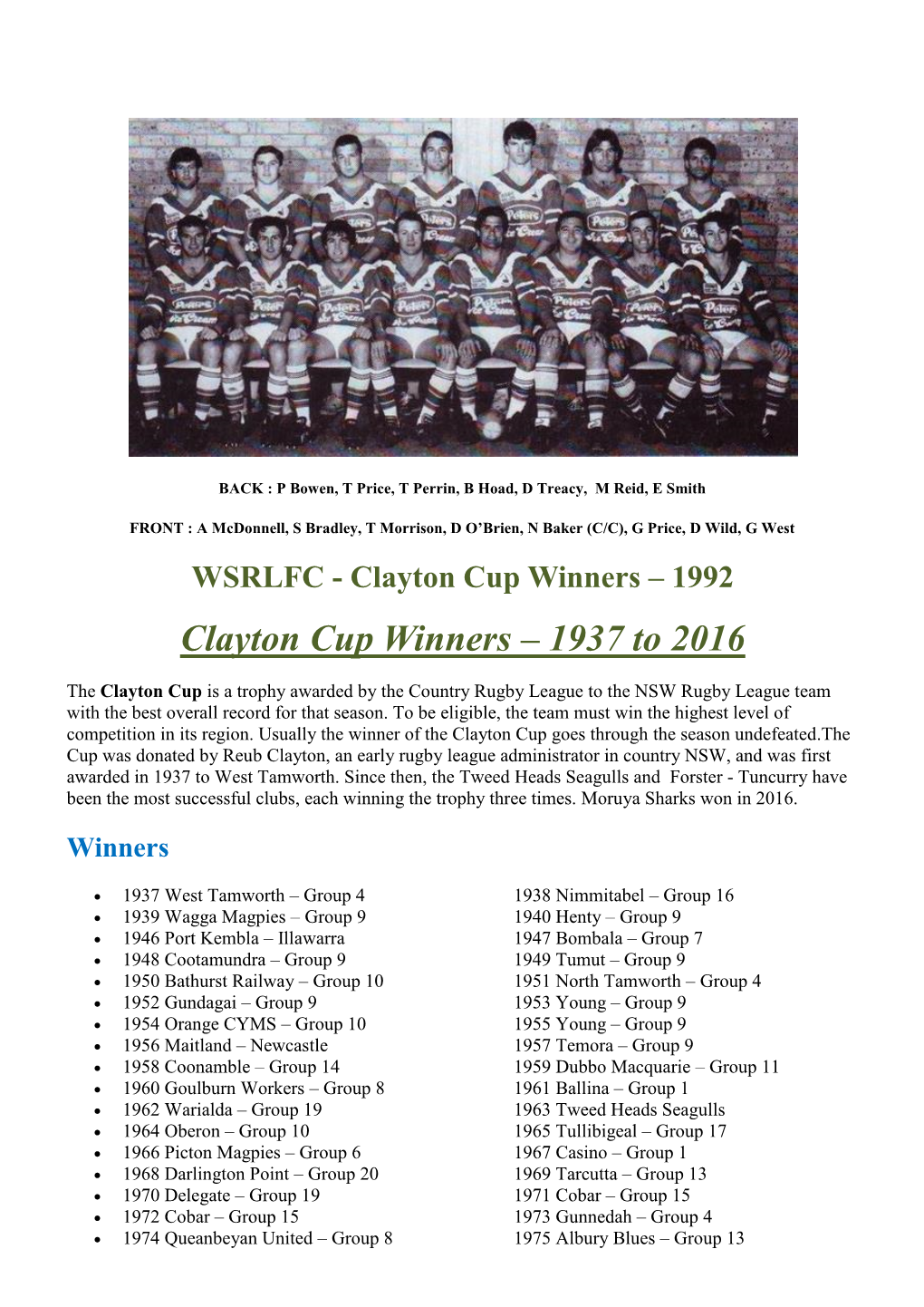 1992 Clayton Cup Winners – 1937 to 2016