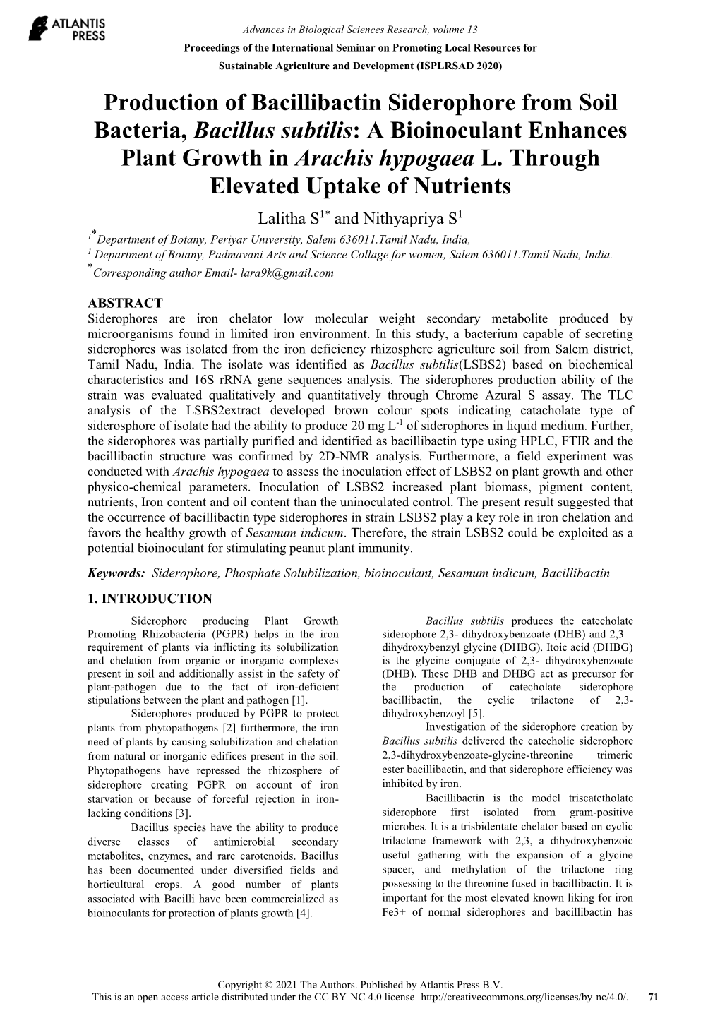 Production of Bacillibactin Siderophore from Soil Bacteria, Bacillus Subtilis: a Bioinoculant Enhances Plant Growth in Arachis Hypogaea L