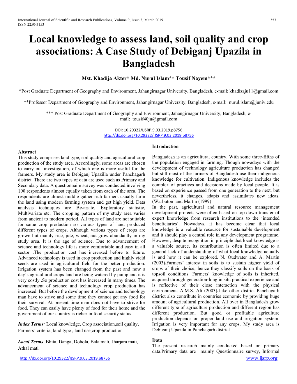 Local Knowledge to Assess Land, Soil Quality and Crop Associations: a Case Study of Debiganj Upazila in Bangladesh