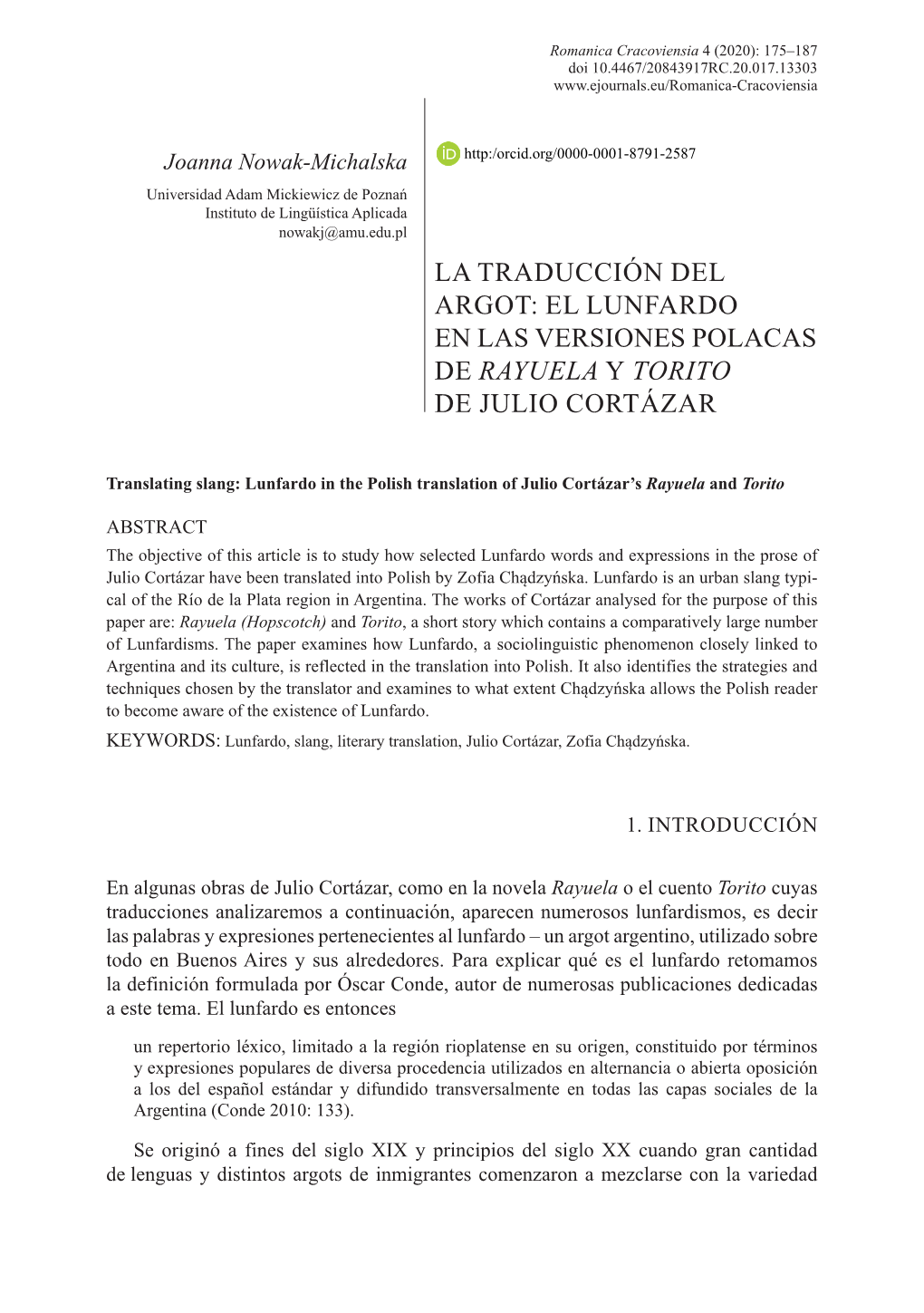 El Lunfardo En Las Versiones Polacas De Rayuela Y Torito De Julio Cortázar