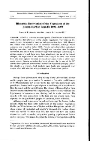 Historical Description of the Vegetation of the Boston Harbor Islands: 1600-2000