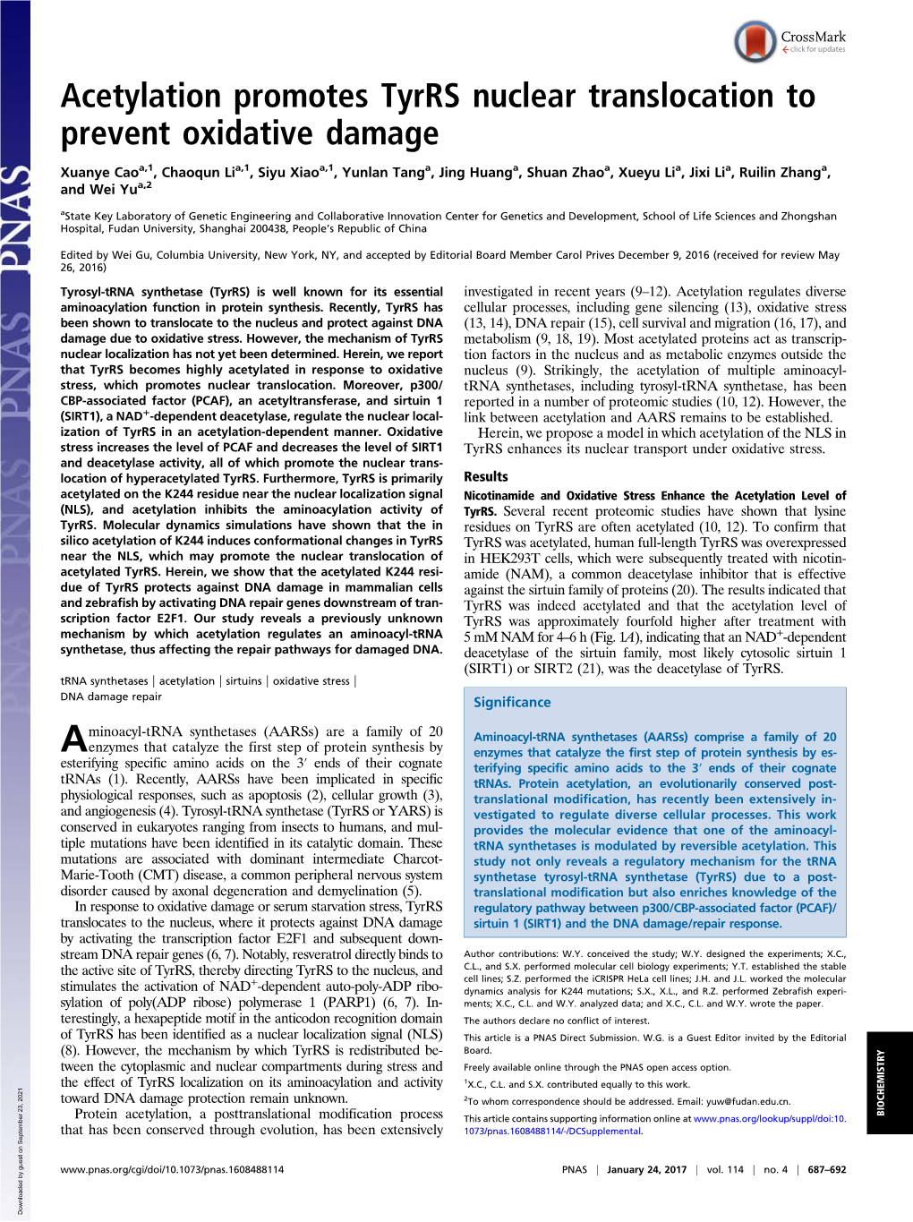 Acetylation Promotes Tyrrs Nuclear Translocation to Prevent Oxidative Damage