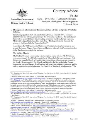 Catholic Christians – Freedom of Religion – Islamist Groups 22 March 2010