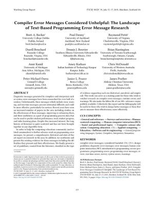 Compiler Error Messages Considered Unhelpful: the Landscape of Text-Based Programming Error Message Research