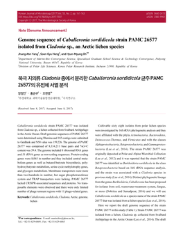 Genome Sequence of Caballeronia Sordidicola Strain PAMC 26577 Isolated from Cladonia Sp., an Arctic Lichen Species