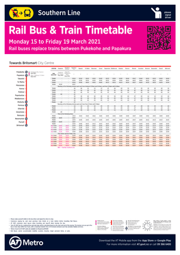 Southern Line Signal Driver Rail Bus & Train Timetable Monday 15 to Friday 19 March 2021 Rail Buses Replace Trains Between Pukekohe and Papakura