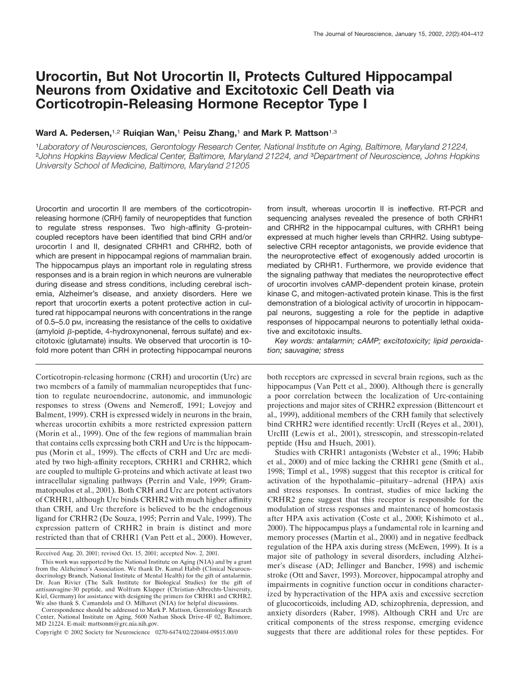 Urocortin, but Not Urocortin II, Protects Cultured Hippocampal Neurons from Oxidative and Excitotoxic Cell Death Via Corticotropin-Releasing Hormone Receptor Type I