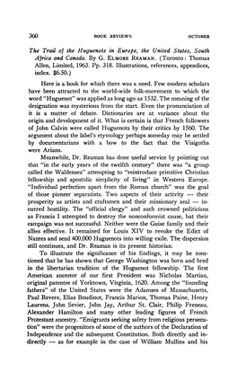 The Trail of the Huguenots Ineurope, the United States, South Africa and Canada. by G.Elmore Reaman. (Toronto :Thomas Index