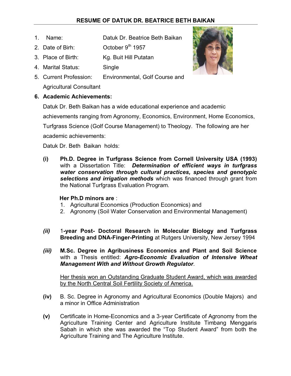 Resume of Datuk Dr. Beatrice Beth Baikan