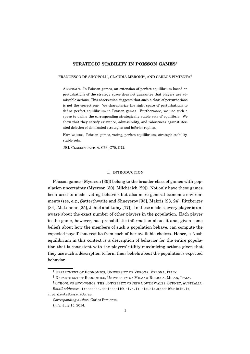 STRATEGIC STABILITY in POISSON GAMES∗ Poisson Games