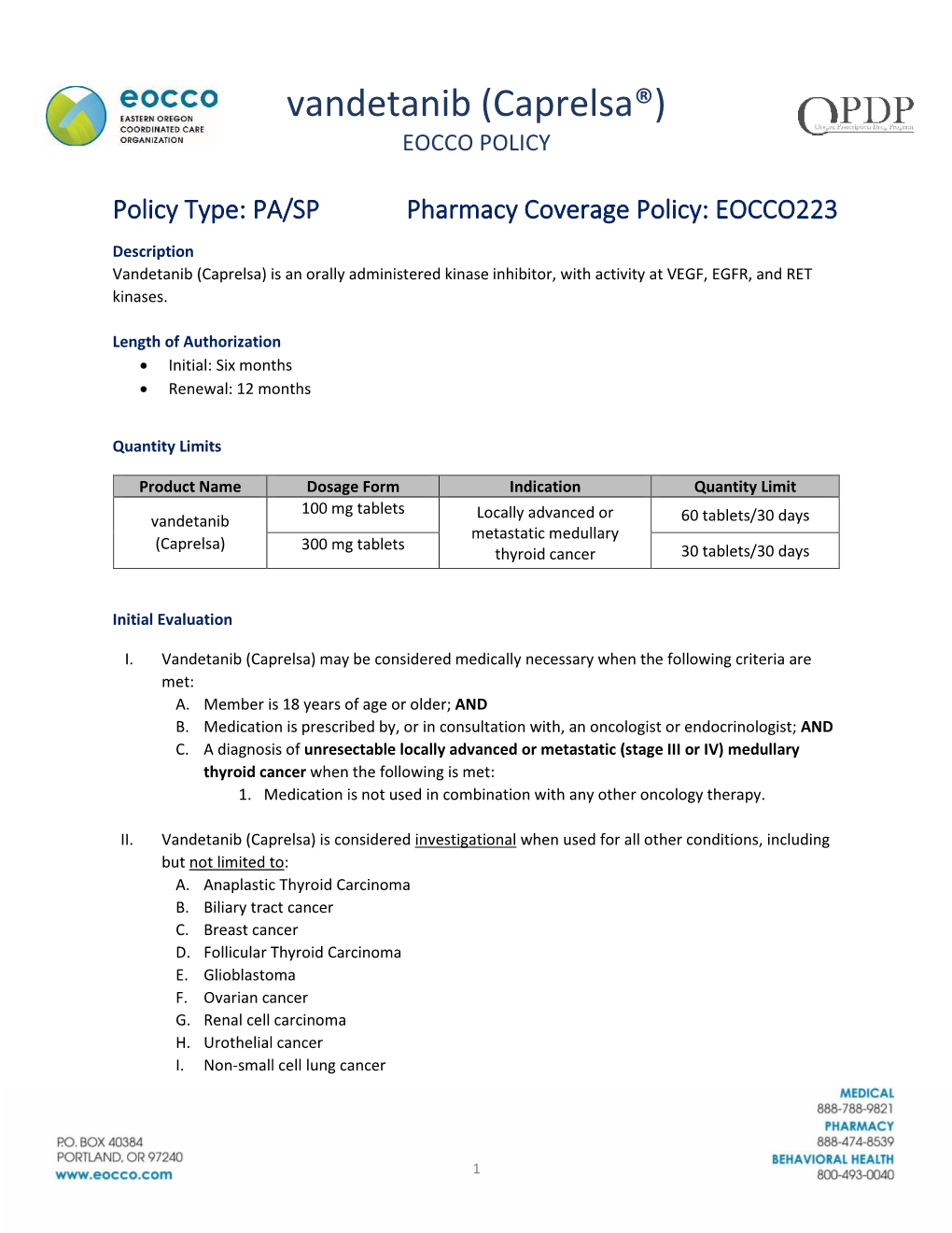 Vandetanib (Caprelsa®) EOCCO POLICY