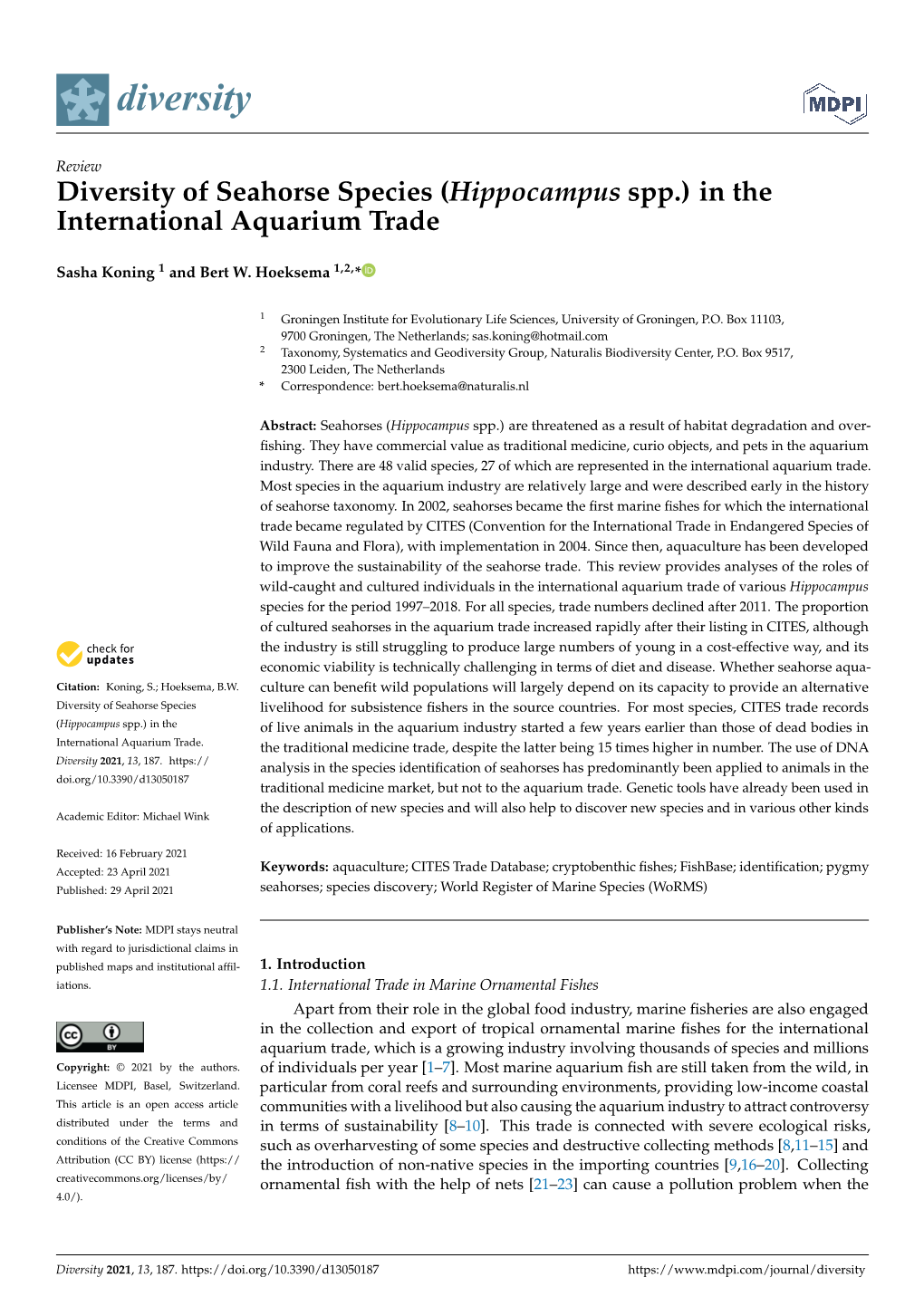 Diversity of Seahorse Species (Hippocampus Spp.) in the International Aquarium Trade