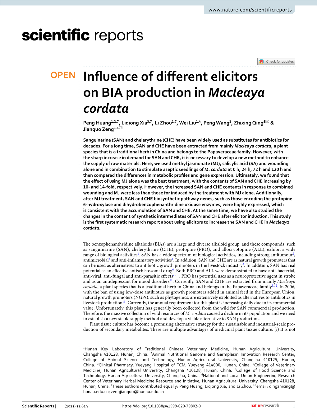 Influence of Different Elicitors on BIA Production in Macleaya Cordata