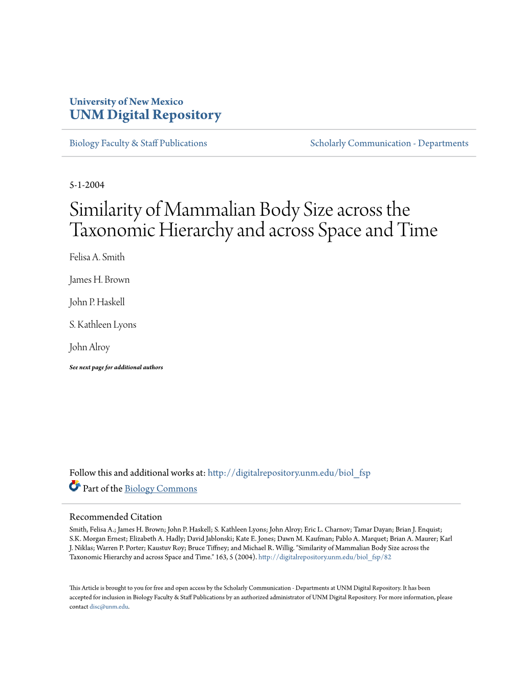 Similarity of Mammalian Body Size Across the Taxonomic Hierarchy and Across Space and Time Felisa A