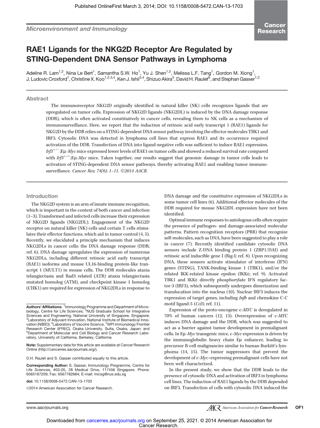 RAE1 Ligands for the NKG2D Receptor Are Regulated by STING-Dependent DNA Sensor Pathways in Lymphoma