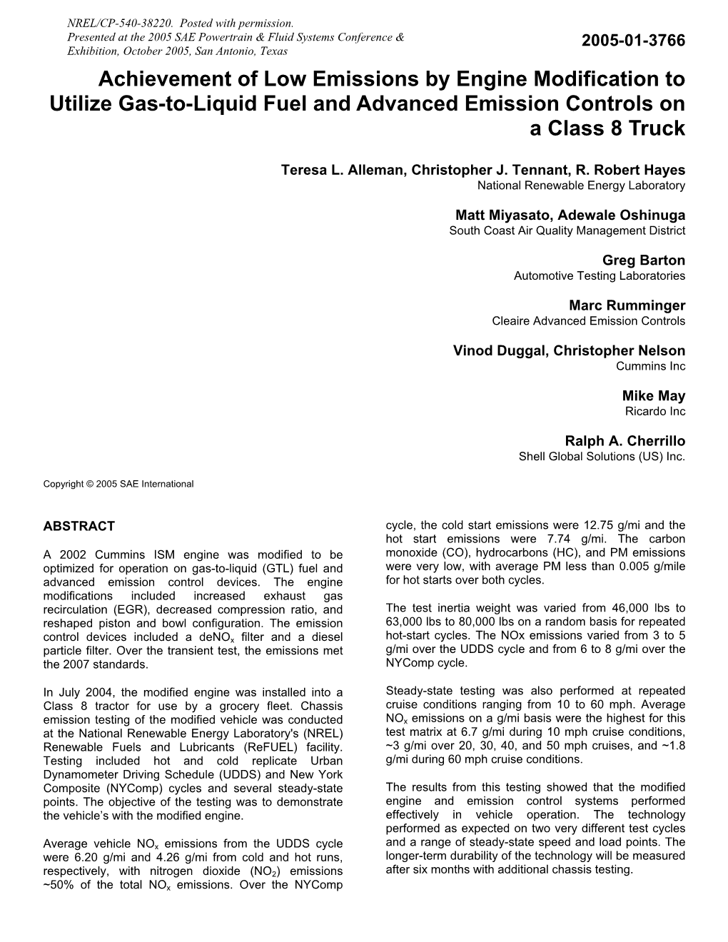 Achievement of Low Emissions by Engine Modification to Utilize Gas-To-Liquid Fuel and Advanced Emission Controls on a Class 8 Truck