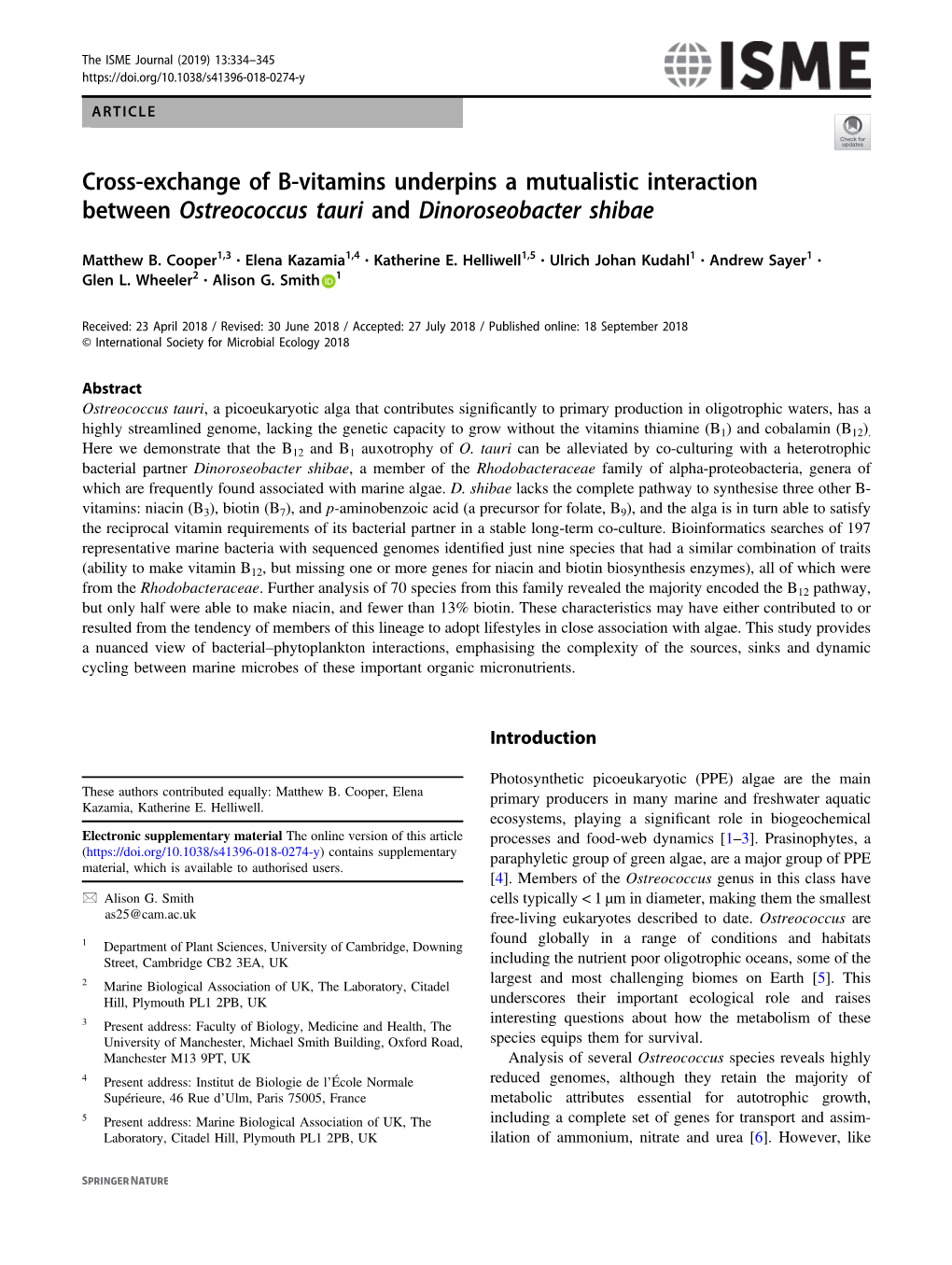 Cross-Exchange of B-Vitamins Underpins a Mutualistic Interaction Between Ostreococcus Tauri and Dinoroseobacter Shibae