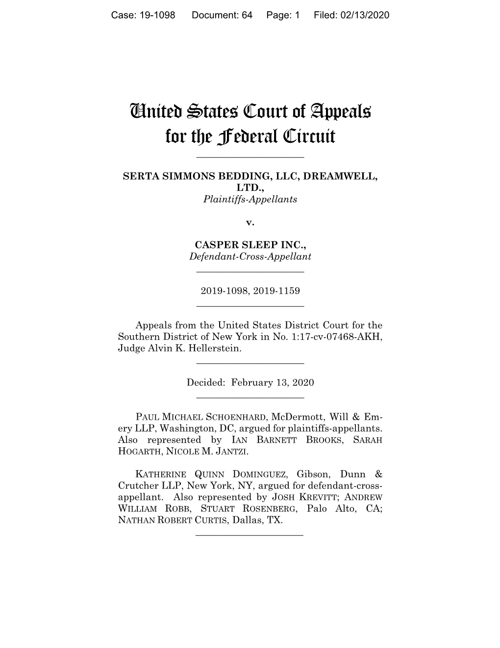 SERTA SIMMONS BEDDING, LLC V. CASPER SLEEP INC