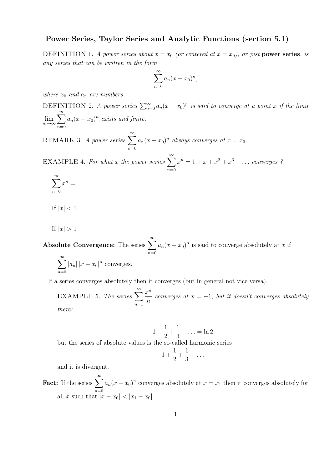 Power Series, Taylor Series and Analytic Functions (Section 5.1)