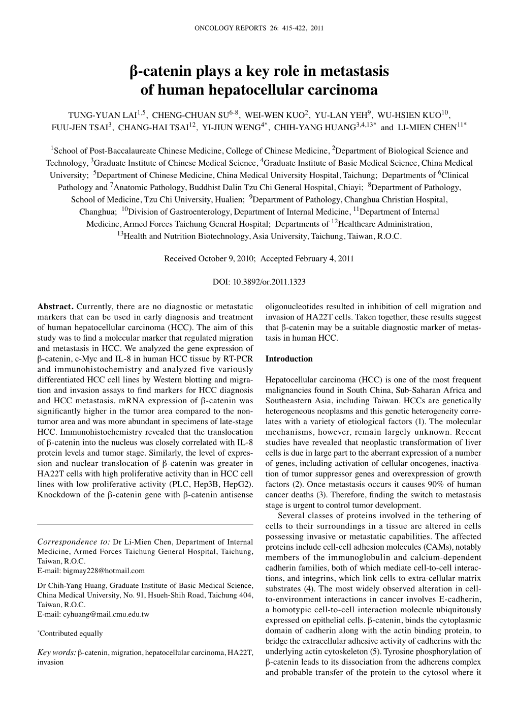 Β-Catenin Plays a Key Role in Metastasis of Human Hepatocellular Carcinoma