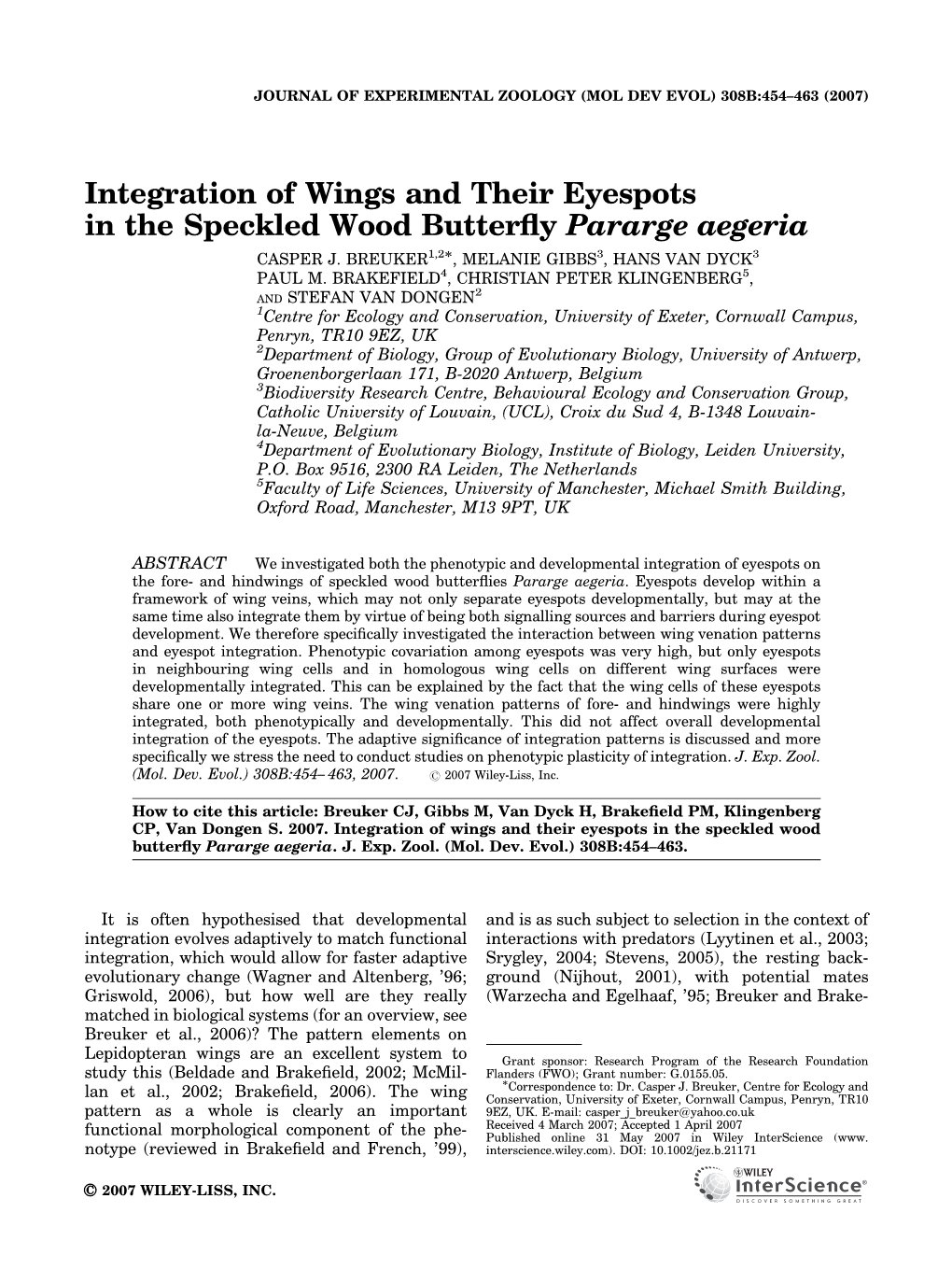 Integration of Wings and Their Eyespots in the Speckled Wood Butterfly Pararge Aegeria