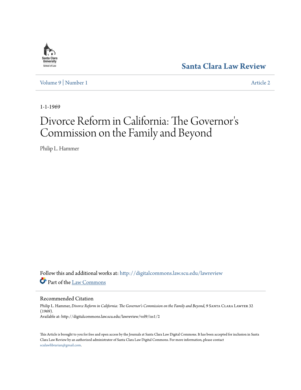 Divorce Reform in California: the Governor's Commission on the Family and Beyond Philip L