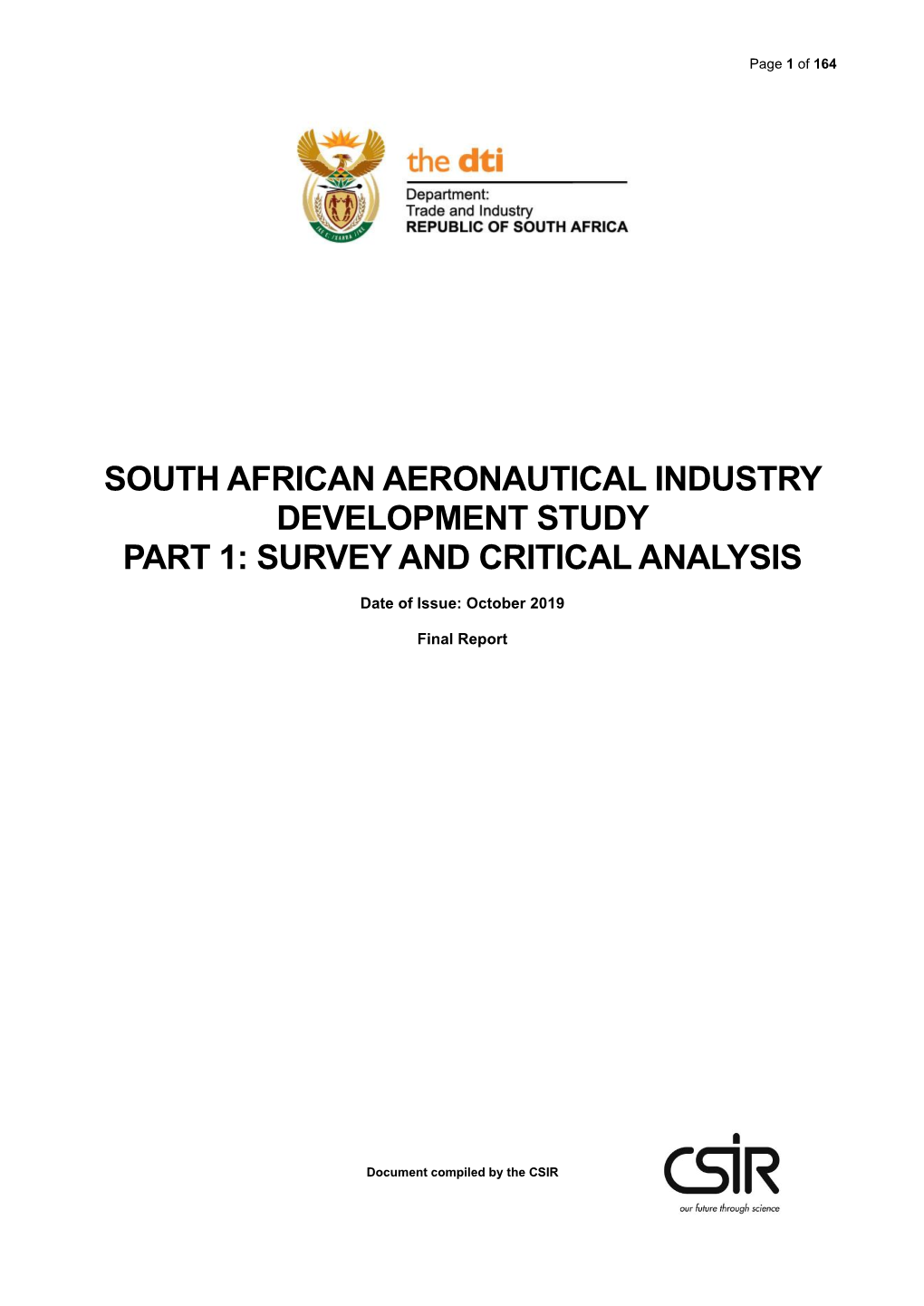 South African Aeronautical Industry Development Study Part 1: Survey and Critical Analysis