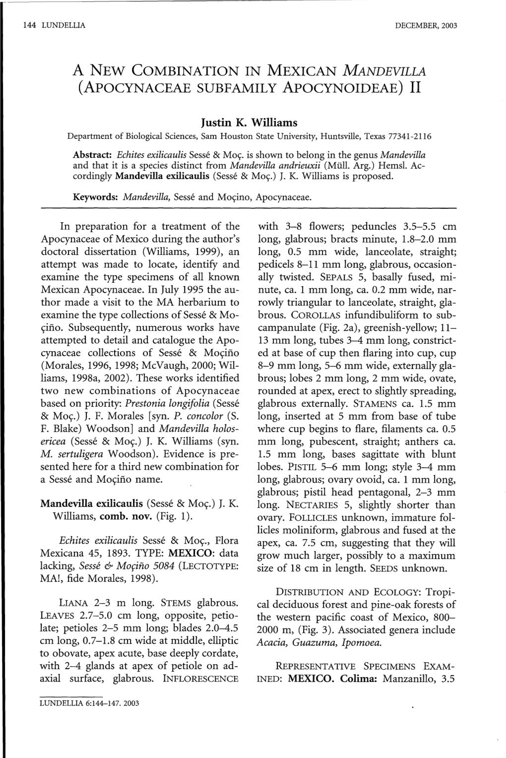 A New Combination in Mexican Mandevilla (Apocynaceae Subfamily Apocynoideae) Ii