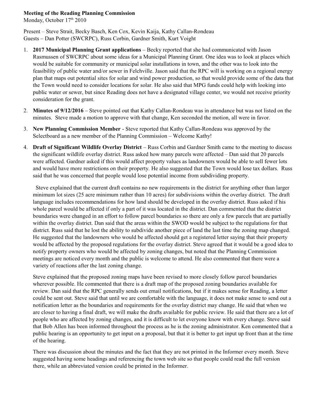 Meeting of the Reading Planning Commission Monday, October 17Th 2010