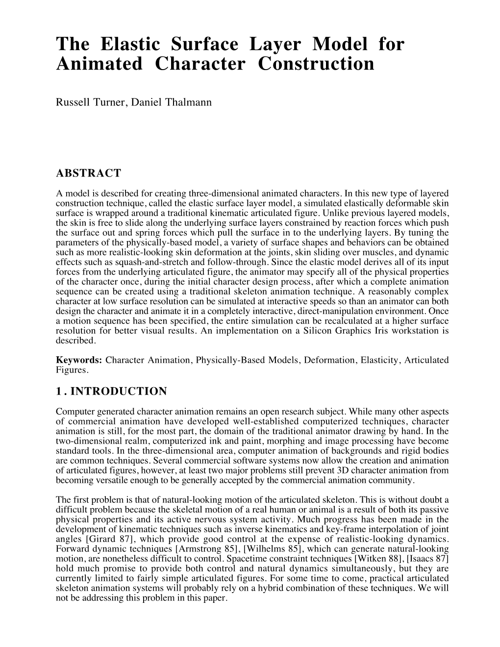 The Elastic Surface Layer Model for Animated Character Construction