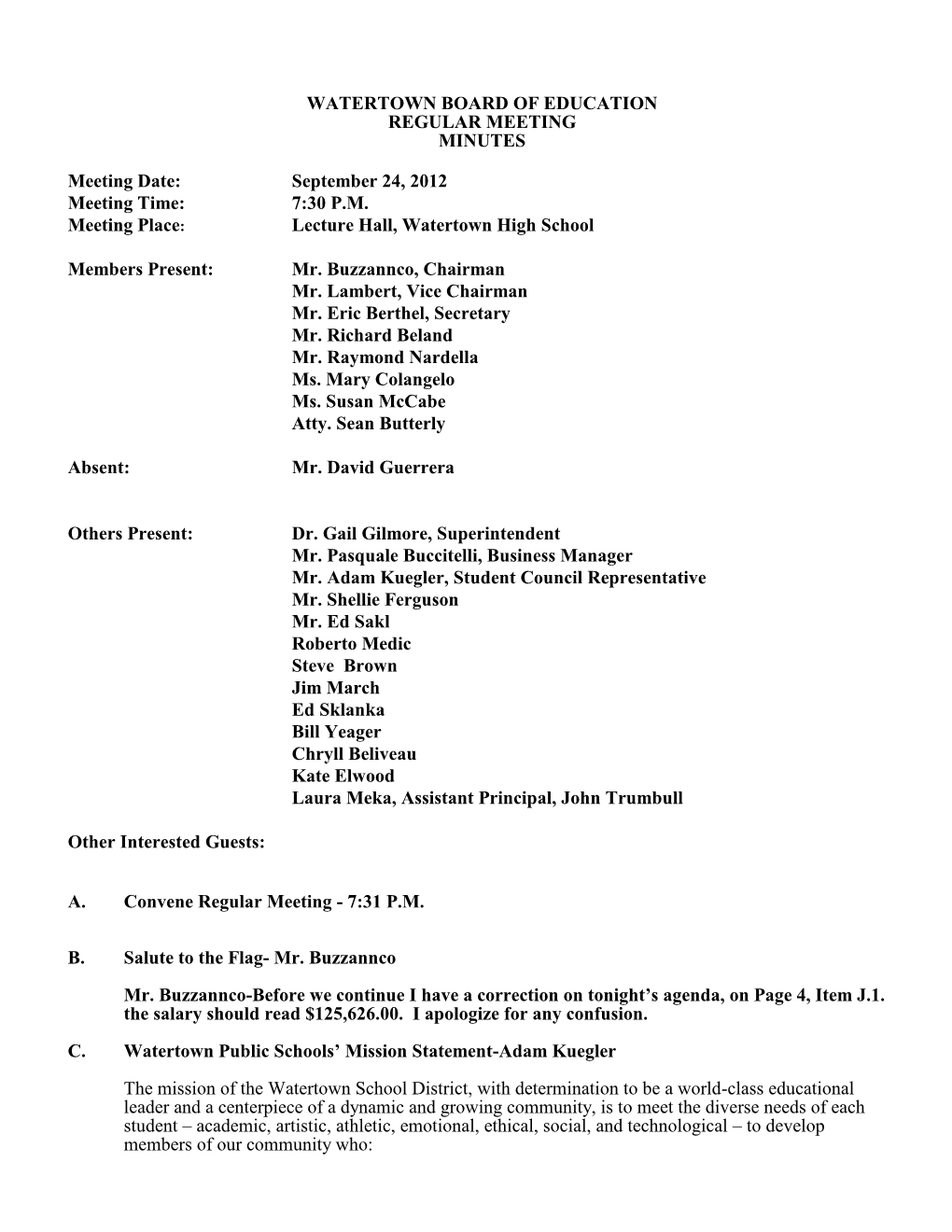 Watertown Board of Education Regular Meeting Minutes