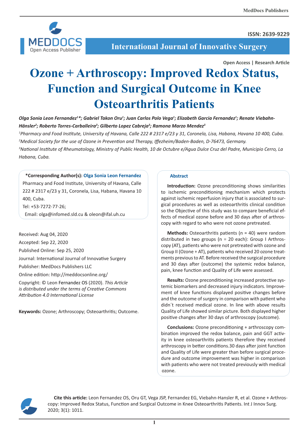 Ozone + Arthroscopy: Improved Redox Status, Function and Surgical Outcome in Knee Osteoarthritis Patients