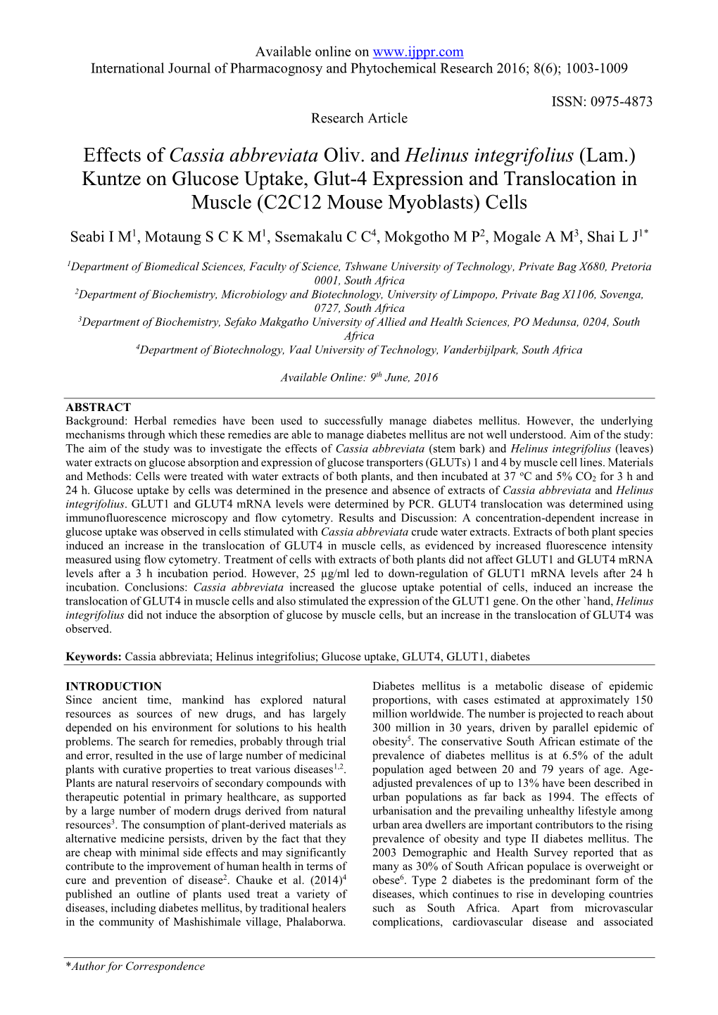 Effects of Cassia Abbreviata Oliv. and Helinus Integrifolius