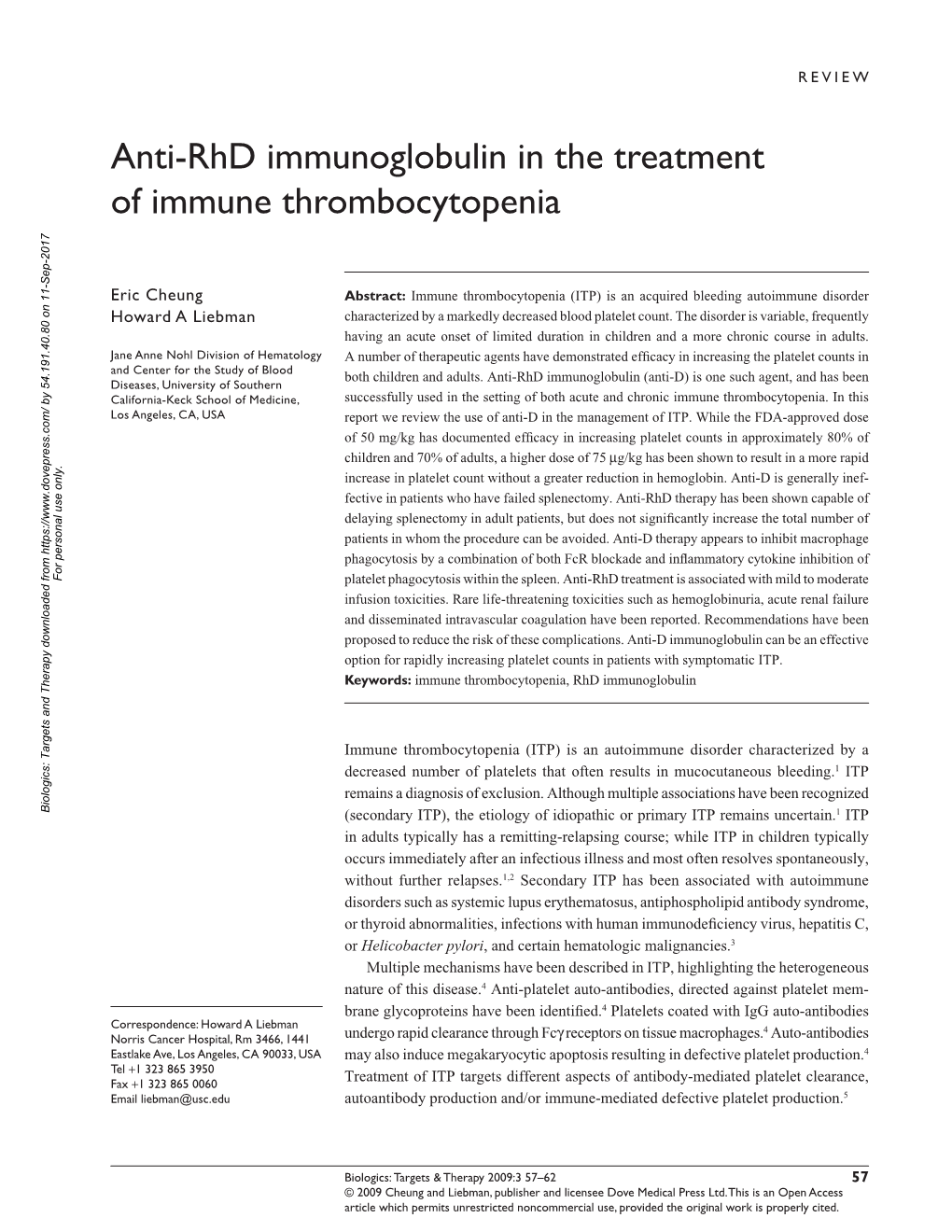 Anti-Rhd Immunoglobulin in the Treatment of Immune Thrombocytopenia