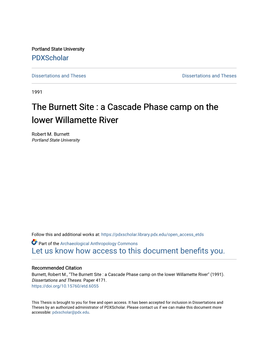 The Burnett Site : a Cascade Phase Camp on the Lower Willamette River